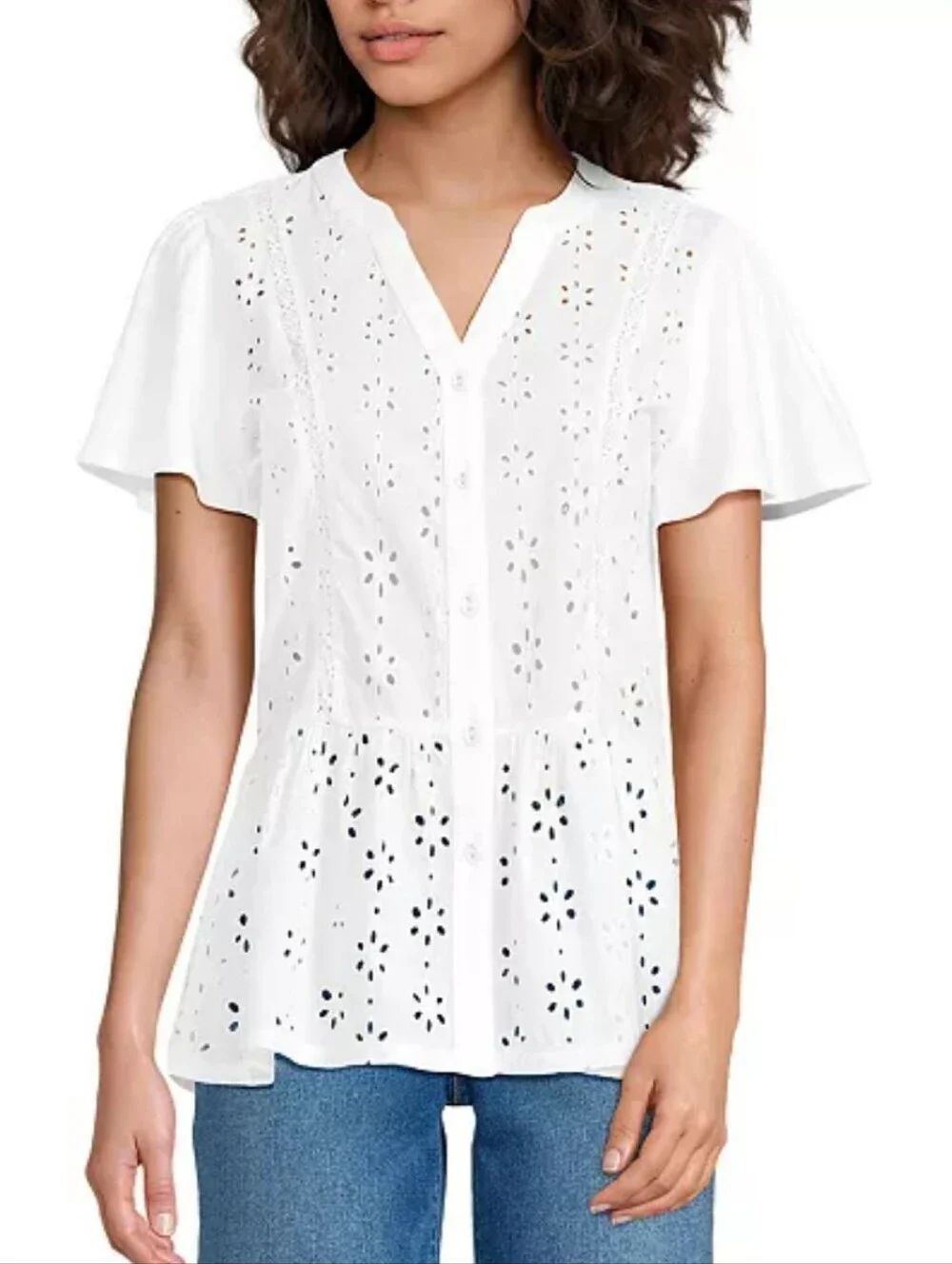 Lands' End White Eyelet Button-Front Flutter Sleeve Peplum Top